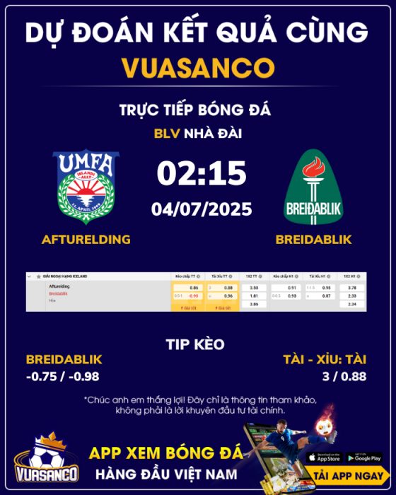 Soi kèo Afturelding vs Breidablik – 02h15 – 04/07 – VĐQG Iceland