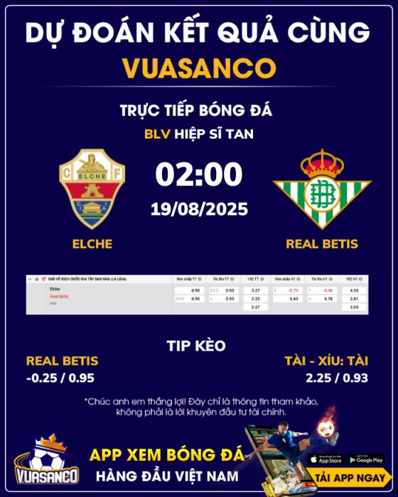 Soi kèo Elche vs Real Betis – 02h00 – 19/08 – La Liga