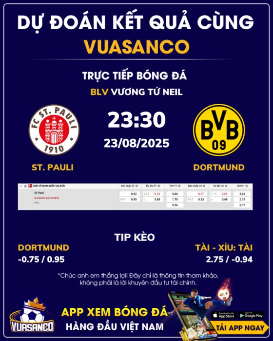 Soi kèo St. Pauli vs Dortmund – 23h30 – 23/08 – Bundesliga