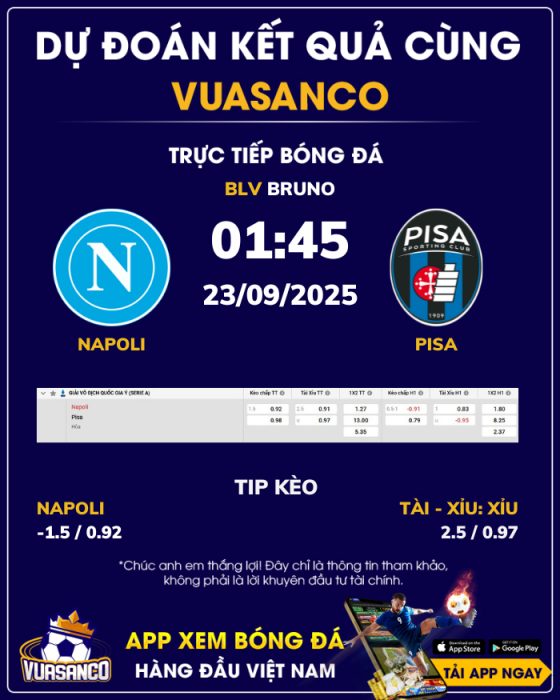Soi kèo Napoli vs Pisa – 01h45 – 23/09 – Serie A