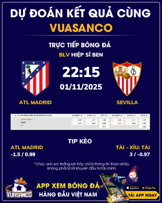 Soi kèo Atl Madrid vs Sevilla – 22h15 – 01/11 – La Liga