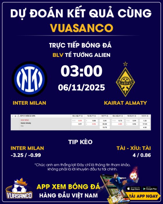 Soi kèo Inter Milan vs Kairat Almaty – 03h00 – 06/11 – Champions League