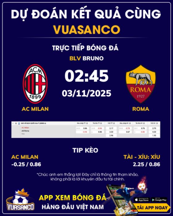Soi kèo AC Milan vs AS Roma – 02h45 – 03/11 – Serie A