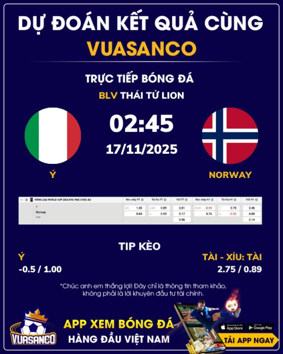 Soi kèo Ý vs Na Uy – 02h45 – 17/11 – VL World Cup Châu Âu